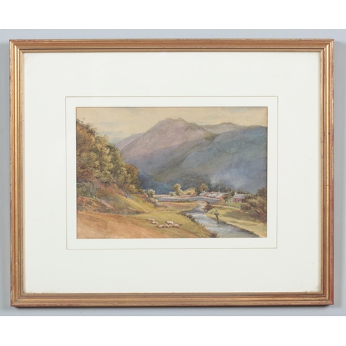 309 - J Birkett Fisher, a gilt framed watercolour, rural landscape scene with fisherman and sheep. 17cm x ... 