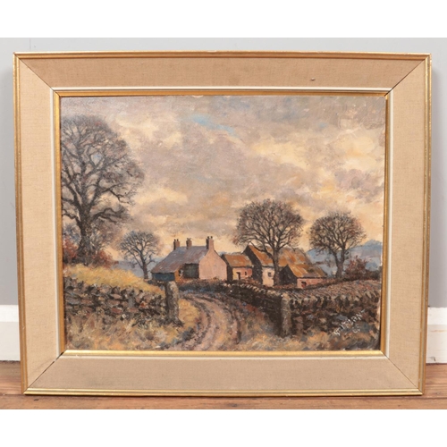 310 - GH Vincent Plant, a framed oil on board, country lane with farm buildings. 40cm x 50cm.