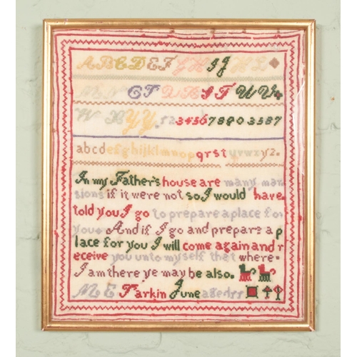 324 - A framed Victorian sampler with alphabetical wool work, line border and embroidered text, height 49 ... 