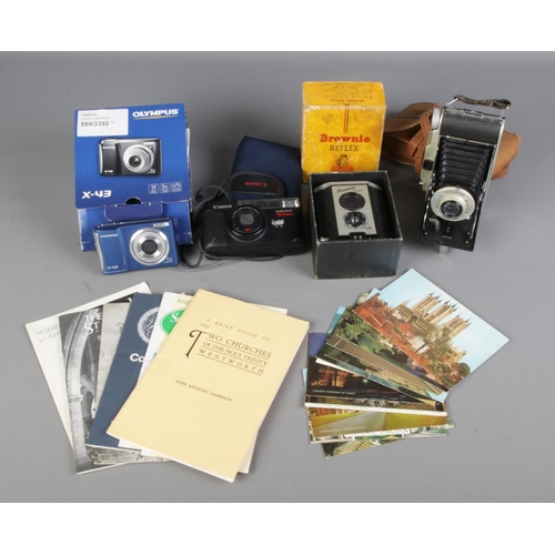 102 - Collection of Four vintage & morden Cameras, Kodak Brownie Reflex, Coronet Folding 120, Olympus X-43... 