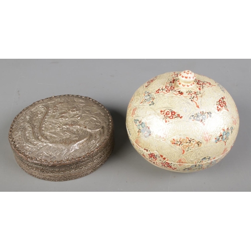 104 - A white metal Chinese trinket box with interior vanity mirror with another small papier mache trinke... 