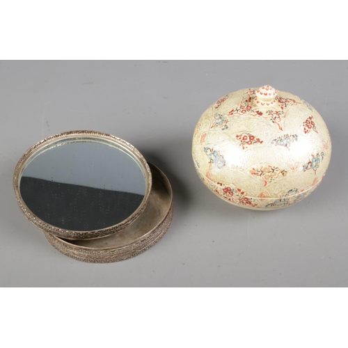 104 - A white metal Chinese trinket box with interior vanity mirror with another small papier mache trinke... 