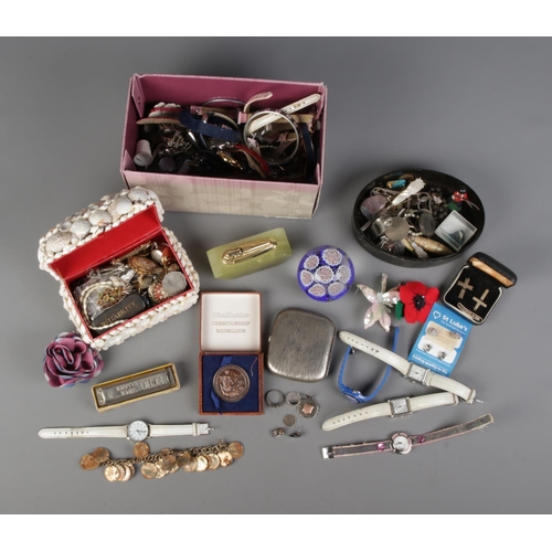 12 - A collection of mostly assorted costume jewellery and collectables to include two silver rings, pair... 