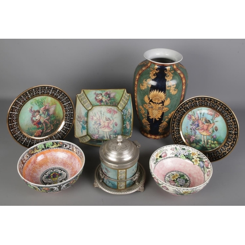 139 - A quantity of Fantasia style ceramics, includes two plates, bowl, lidded jar, large regency Ironston... 