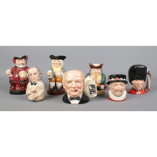 15 - Seven Royal Doulton Character and Toby jugs, to include Winston Churchill D 6934, Dr. Pulse The Phys... 