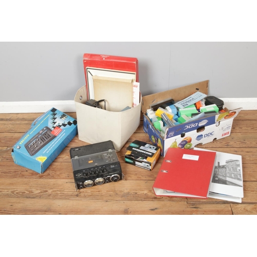 159 - Two boxes of mostly assorted photographic items to include good quantity of slides, Ricoh R8, JVC KD... 