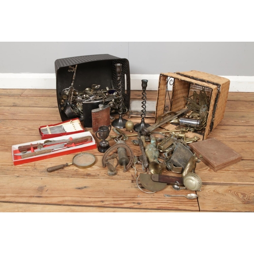 161 - A collection of assorted metal wares to include novelty brass figures, silver plate cutlery, sugar t... 