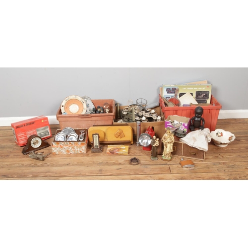 163 - Three boxes of miscellaneous to include assorted ceramic figures, crested ware, wade, transistor ala... 