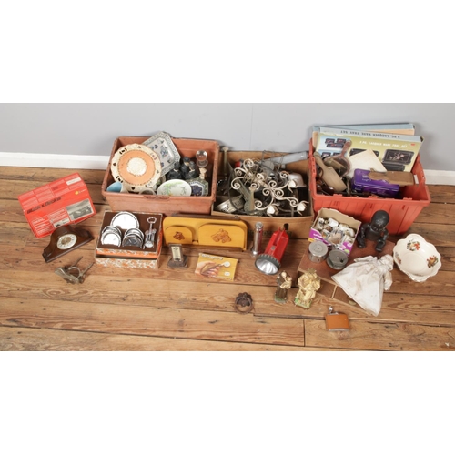 163 - Three boxes of miscellaneous to include assorted ceramic figures, crested ware, wade, transistor ala... 