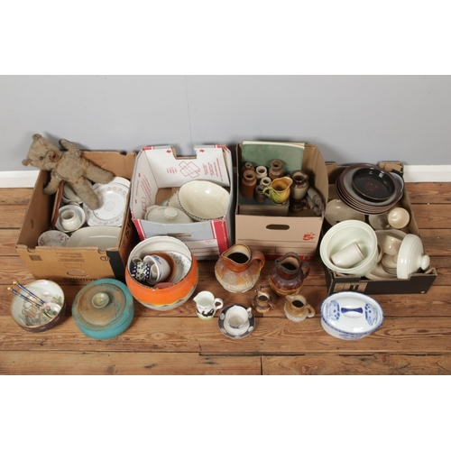 177 - Four boxes of mixed collectables including a large amount of stoneware and harvest design jugs, orie... 