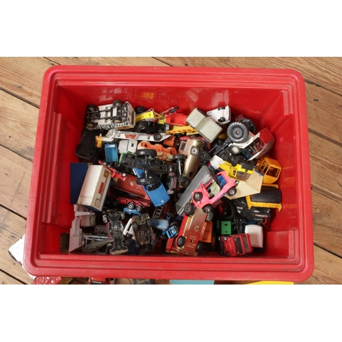 181 - A box of play worn diecast vehicles. Includes Tonka, Matchbox, ERTL, Corgi etc.