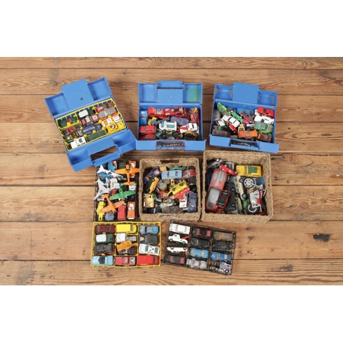 184 - Three Matchbox carry cases, two baskets and three trays of mainly diecast vehicles. Includes Matchbo... 