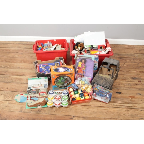 187 - Three boxes of toys. Includes Meccano, Sindy Paul Popstar, Micro Machines, Tonka, Care Bears etc.