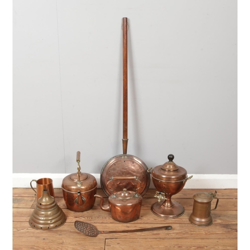 188 - A box containing a quantity of mainly copper wares, to include kettles, samovar and bed warmer etc.