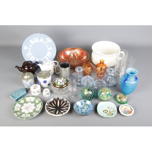 227 - Mixed Collection of Glass and Ceramics, including a large Wedgwood plate, small tea pots and Art Dec... 