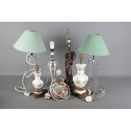 265 - A collection of lamps. Includes Neville & Green, bronzed composite figural example, glass etc.