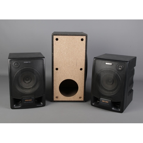 281 - A pair of Sony mega bass speakers, along with an LG speaker. LG model SH85PH-W.