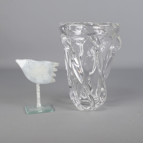 43 - A twisted glass vase along with an art glass sculpture of a bird. Vase possibly by Daum (height 23.5... 