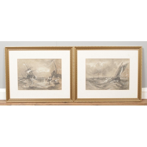 290 - A pair of gilt framed pencil sketches of fishing boats near harbour on stormy seas. Both signed lowe... 