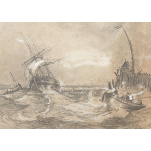 290 - A pair of gilt framed pencil sketches of fishing boats near harbour on stormy seas. Both signed lowe... 