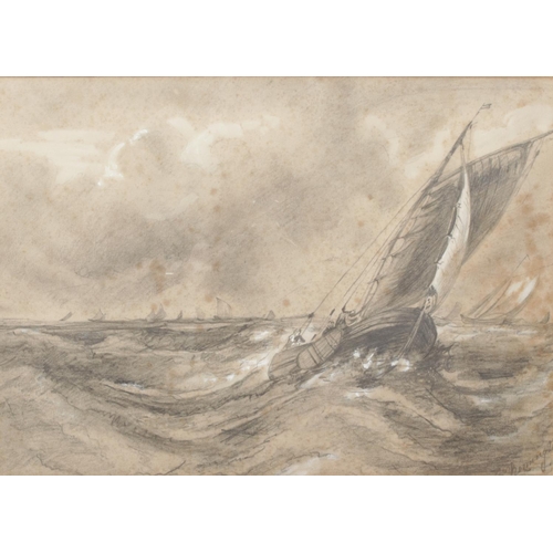 290 - A pair of gilt framed pencil sketches of fishing boats near harbour on stormy seas. Both signed lowe... 