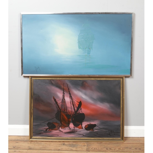 291 - Tom Gower (British 1938-), two large framed canvas paintings featuring clipper ship at sea and boats... 