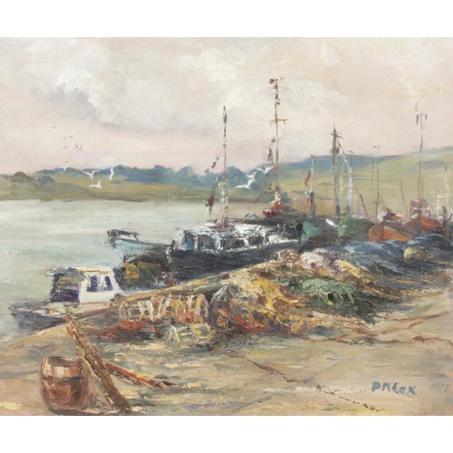 293 - PM Cox (London artist, unknown) 'Dingle Harbour', a large gilt framed oil scene depicting fishing bo... 