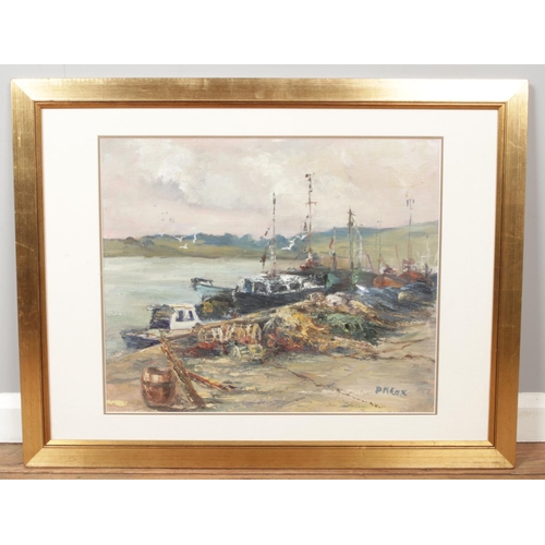 293 - PM Cox (London artist, unknown) 'Dingle Harbour', a large gilt framed oil scene depicting fishing bo... 