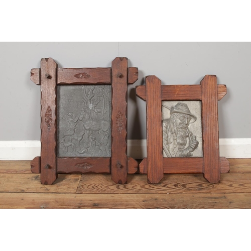 302 - Two vintage style Criss Cross wooden frame wall decor plaques, with very heavy cast metal inset imag... 