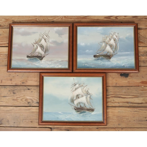 326 - A set of three oil on canvas depicting nautical scenes, one signed, indistinct.