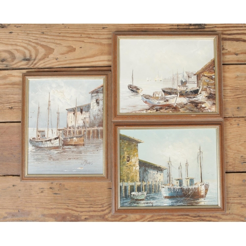 327 - A collection of three oil on canvas paintings of coastal scenes including two by W Jones and one by ... 