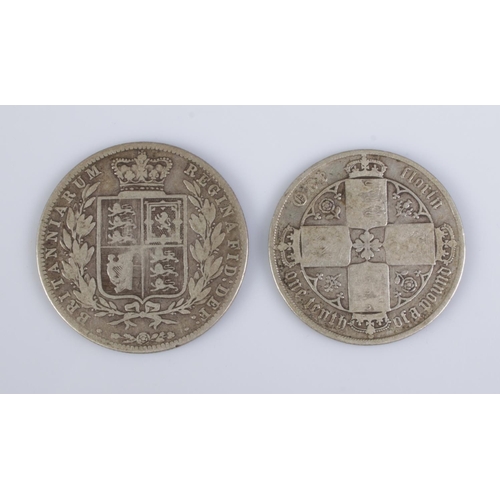 332 - Two Victorian silver coins, 1874 half crown and 1878 Gothic florin; MDCCCLXXVIII.