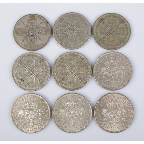 336 - Nine George V and George VI one florin/two shillings; 1923, 1929 (2), 1936 (2), 1941, 1944 (2) and 1... 