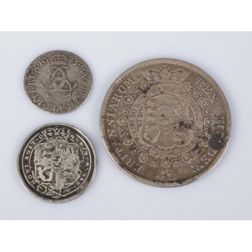 339 - A Charles II 1683 three pence, together with two George III coins; 1817 half crown and 1819 sixpence... 