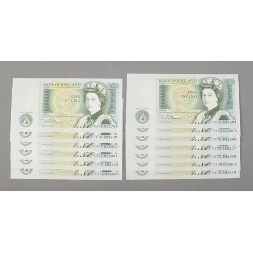 340 - A consecutive run of thirteen £1 notes; Chief Cashier D.H.F. Somerset. CX70 693798-10.