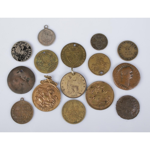 341 - A collection of assorted coinage and tokens, to include Victoria 'To Hanover', The Lord is My Shephe... 