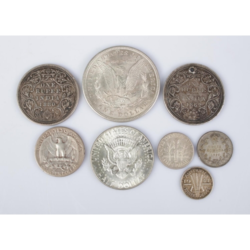 342 - A quantity of silver/part silver coinage. To include 1921 one dollar, 1862 and 1880 Indian Rupee, an... 