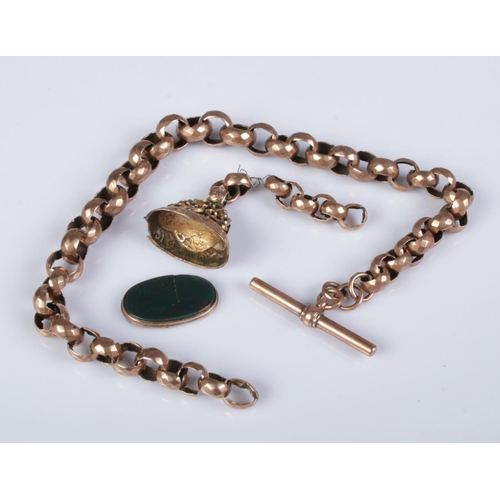 356 - A 9ct gold rolo link Albert chain with 9ct gold bloodstone fob. Chain approximately 30g.