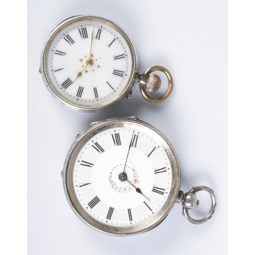 362 - Two ladies silver pocket watches both featuring roman numeral markers and engraved decoration to rev... 