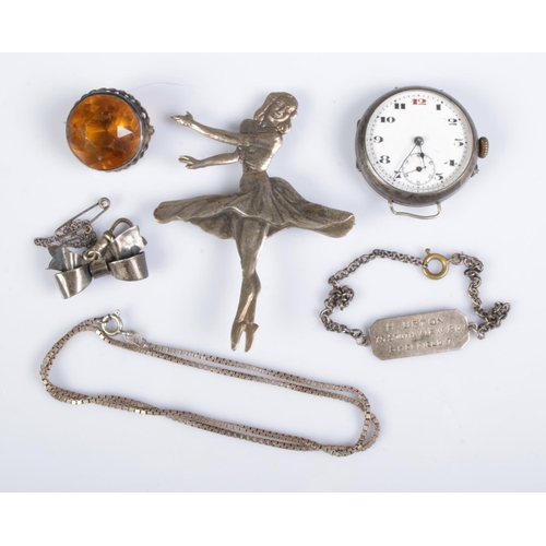 385 - A collection of silver and white metal items including silver brooch, fob watch, bracelet etc