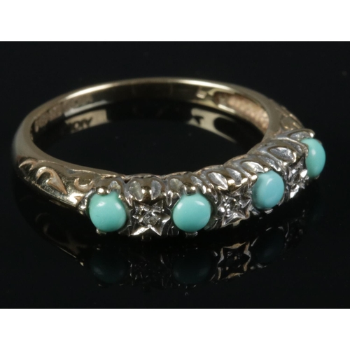 398 - 9ct Gold Turquoise and diamond ring (marked 