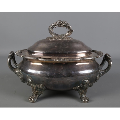 67 - A 19th century silver plate on copper tureen. Having gadrooned rim and four scrolled feet.