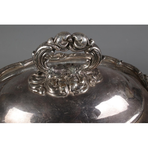 67 - A 19th century silver plate on copper tureen. Having gadrooned rim and four scrolled feet.