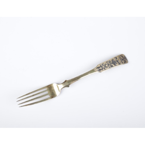 409 - A 19th century Russian silver gilt fork with niello floral decoration. Stamped 84 and dated 1835 56g... 