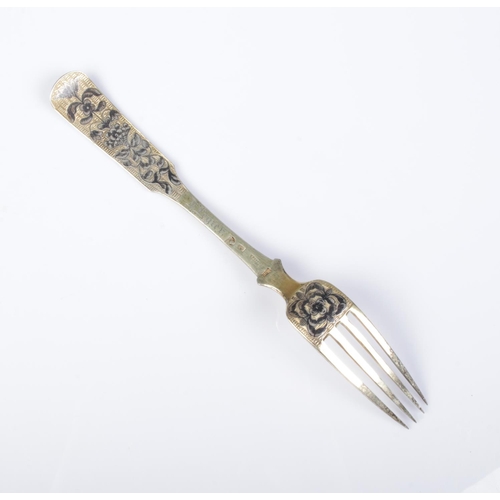 409 - A 19th century Russian silver gilt fork with niello floral decoration. Stamped 84 and dated 1835 56g... 