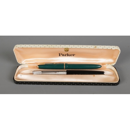 411 - Two Parker fountain pens in Parker case. One having 14ct gold nib.