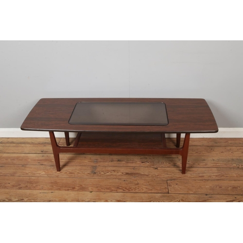 435 - Mid-century Greave & Thomas Schreiber Glass and Teak Coffee Table (height 44cm, width 136cm, depth 5... 