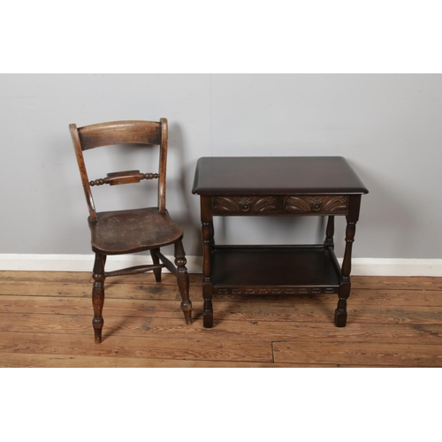 436 - A 19th Century Elm Chair and a carved mahogany Side Table, dark wood with lower under tier shelf.