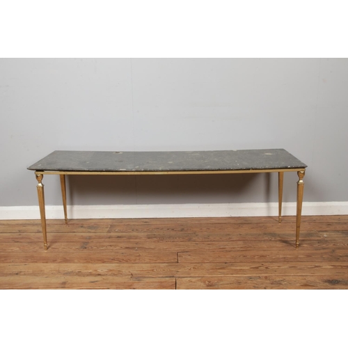 464 - A marble top coffee table raised on gilt metal base. Length 153cm.