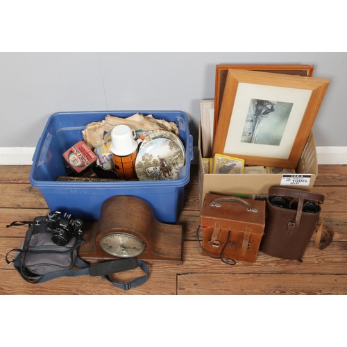 208 - Two boxes of miscellaneous to include Ricoh XR-20 Steplux binoculars, Widex mantel clock, glassware,... 